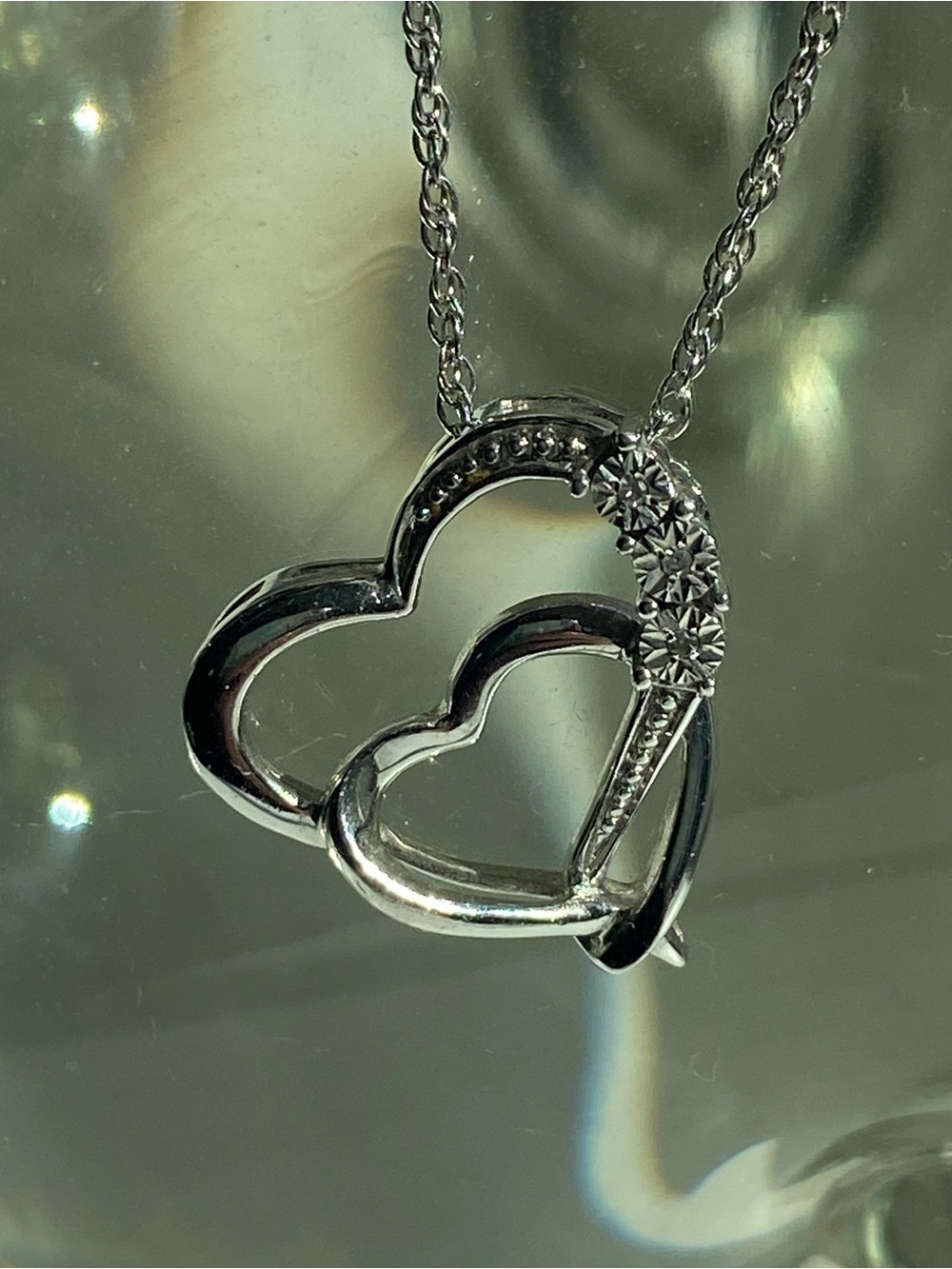 Sterling Silver Double Heart Diamond Pendant Necklace - Silver